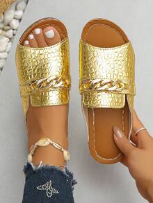 Plus Size 36-45 Summer Fashion Casual Gold Crocodile Pattern Wedge Slide Sandals, Metal Buckle Roman Style, Lightweight & Comfortable, Versatile Gold Ladies Wedge Platform Sandals - 金色鱷魚紋 - 查看 2