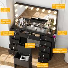 VOWNER 46" Large Vanity Table With Lighted Mirror & Power Outlet, Makeup Vanity Desk With Glass Top, 14-Bulbs Large Mirror, 3-Color Modes & Brightness Adjustable, 11 Drawers For Storage, Come With Soft Stool & Hair Dryer Rack, Vanity Set Gifts For Girls Women, Halloween & Thanksgiving - 黑色-全面鏡 - 查看 3