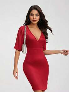 Vestido de cóctel midi acampanado y ajustado con escote en V profundo y manga corta para mujer - Rojo - Ver 4