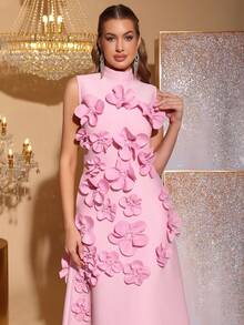 Modphy Nuevo vestido elegante de cuello alto sin mangas con decoración floral 3D, cinta de mariposa, vestido de noche largo para el Día de San Valentín, boda, fiesta, ocasión formal, vestido de invitada de boda, vacaciones de primavera en color rosa - Rosa - Ver 7
