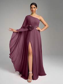 SUPGIR 不对称领口亮片袖腰部花卉装饰开衩下摆长款雪纺连衣裙，伴娘服 - 中紫紅色 - 查看 6