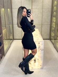 Women's Elegant Long Sleeve Cut Out Pleated Dress In Suplex 36 To 40 In Solid Color For Winter And Summer (Brown,L) - 黑色 - 查看 3