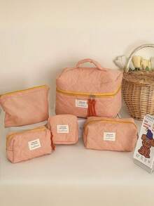 Bolsa de cosméticos de estilo clásico a cuadros, bolsa de tela con cremallera suave, diseño minimalista retro, bolsa de almacenamiento multiusos, adecuada para el hogar, viajes y uso diario, bolsa de cosméticos, útiles escolares, artículos de viaje, artículos esenciales para vacaciones, bolsas de cosméticos - Verde - Ver 2