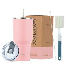 watersy 1 Stück WATERSY 20oz 40oz Thermobecher mit Deckel, doppelwandiger vakuumisolierter Edelstahltumbler, isolierter Kaffeebecher, pulverbeschichteter Thermosbecher mit Deckel, Strohhalm und Reinigungsbürste, spülmaschinenfest