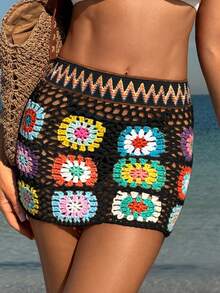 Hand - Crocheted Women's Flower - Block Skirt - Black - View 2