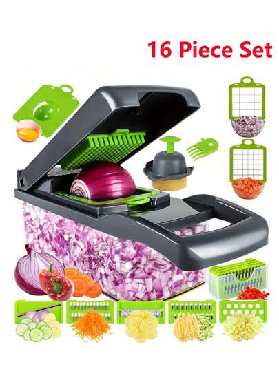 14pcs/Set, 16pcs/Set Vegetable Chopper, Multifunctional Fruit Slicer, Manual Food Grater, Vegetable Slicer, Blades With Container, Onion Chopper With Interchangeable Blades, Home Potato Grater, Kitchen Supplies, Kitchen Tools