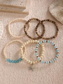6pcs Boho Ocean Style Coconut Shell Beaded Bracelet Set, Starfish & Shell Pendant, Charming Jewelry For Men Beach Party Vacation