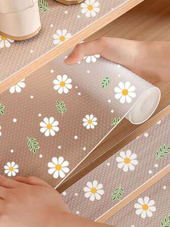 Revestimiento impermeable de cajones con patrón de margaritas y camelias de material EVA, revestimiento de cajones multiusos adecuado para cocina, armario de almacenamiento, refrigerador, estantes, forrado.