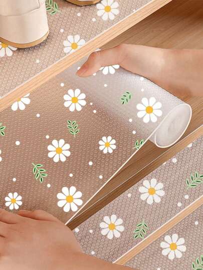 Tấm lót ngăn kéo chống thấm nước bằng chất liệu EVA, họa tiết hoa cúc và hoa trà tươi tắn, đa năng, thích hợp cho nhà bếp, tủ đựng đồ, tủ lạnh, kệ, dùng để lót.