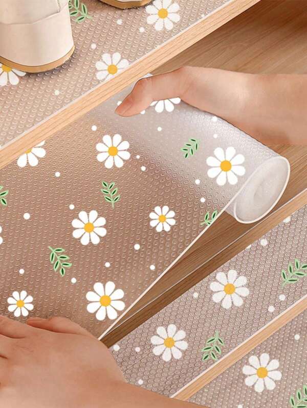 EVA Material Fresh Daisy Camellia Pattern Waterproof Drawer Liner, Multi-Purpose Cabinet Drawer Liner Suitable For Kitchen, Storage Cabinet, Refrigerator, Shelves, Lining