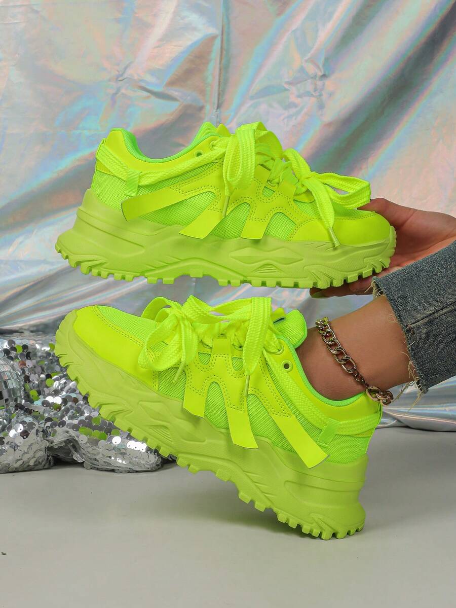 2025 Autumn Women's Neon Green Stylish Fashion Sneakers, Lace-Up, Non-Slip, Wedge Chunky Chunky Sneakers, Suitable For Holiday Parties, Gatherings, Fashionable Outings,