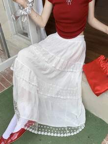 High Waist Lace Trim Slimming White A-Line Skirt, Suitable For Winter, Christmas, Spring Festival, New Year Outfits