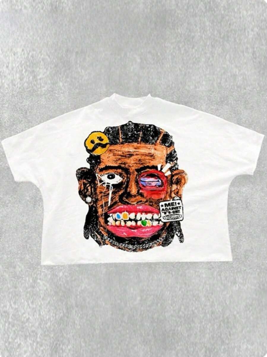 Plus Size Women T-Shirts,Y2k Hip-Hop Street Style Rap Cartoon Head ,(1 Pcs )100% Cotton Casual Printed T-Shirt,Crew Neck Short Sleeve,220g  Cotton T-Shirt,For Going Out,Gift,Summer,Unisex