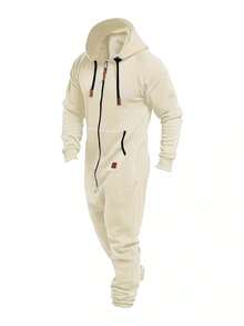 Men Winter Hooded Jumpsuits With Pockets Full Zipper Up Sweatsuit - 米色 - 查看 3