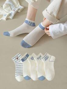 1/5/10 双随机发货 女士蓝色小熊和字母条纹中筒袜 - 彩色 - 查看 1