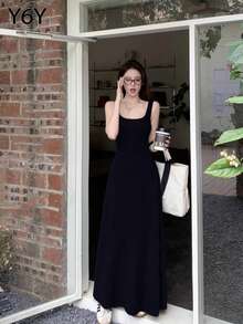 [Y6Y] 女士无袖方领A字连衣裙，春夏法式休闲优雅收腰连衣裙 - 黑色 - 查看 5