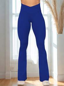 RUNONWHEELS 5 Quần yoga nữ cạp cao, ống loe chéo, quần legging tập luyện co giãn, quần ống rộng. - Màu xanh lam - Xem 9