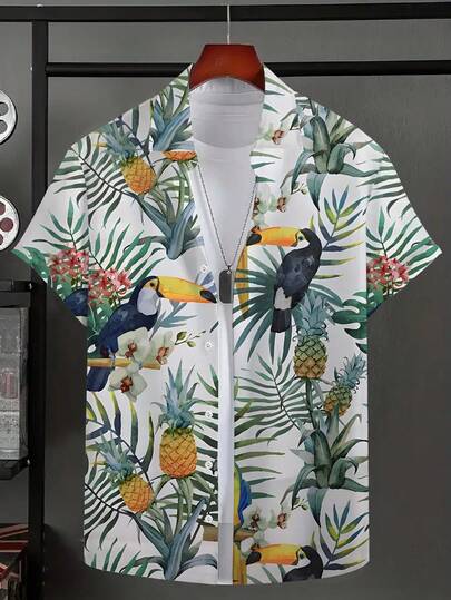 Summer Men's Coconut Tree 3D Digital Printed Short Sleeved Shirt, Men's Hawaiian Vacation Beach Shirt