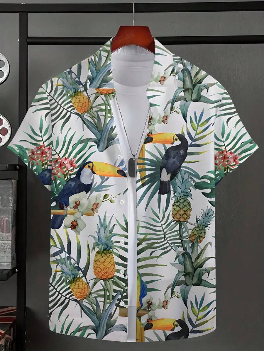Summer Men's Coconut Tree 3D Digital Printed Short Sleeved Shirt, Men's Hawaiian Vacation Beach Shirt