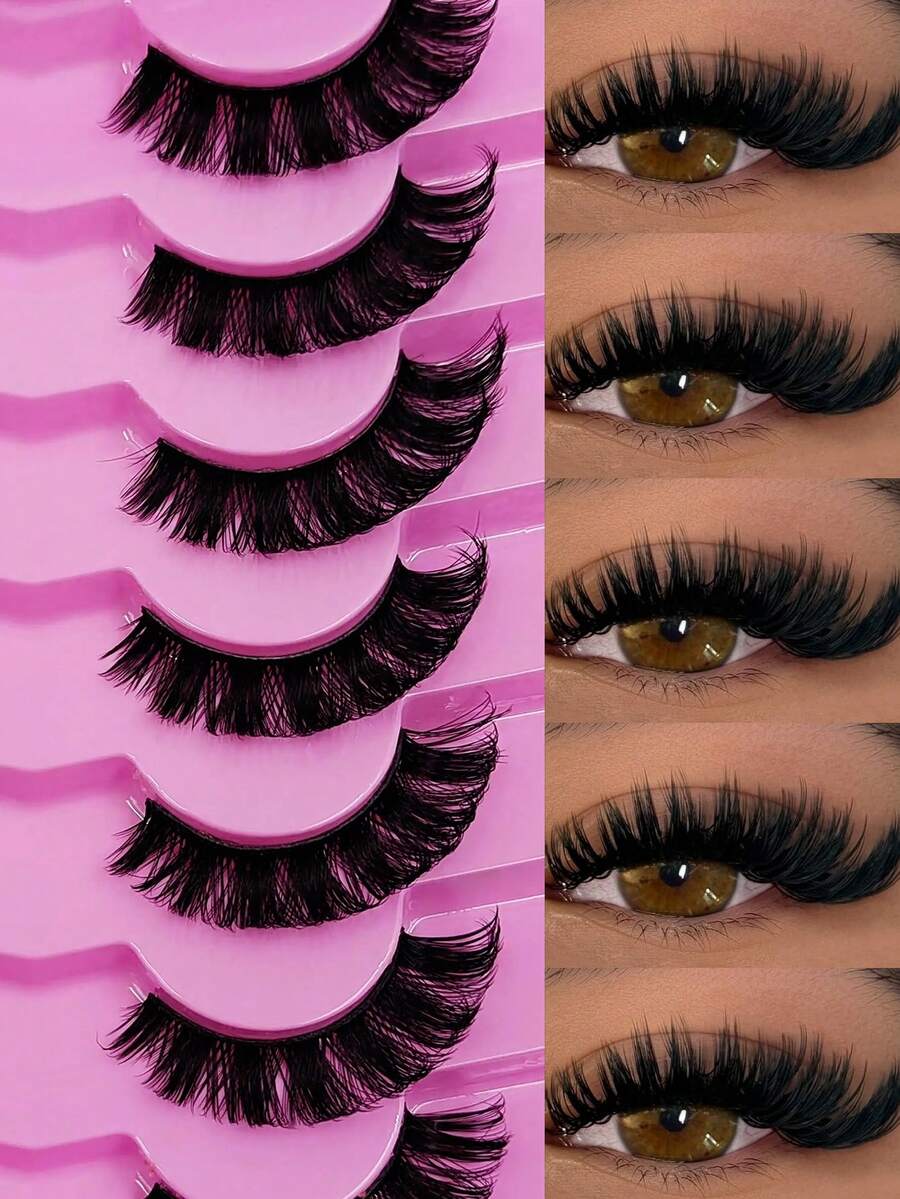 7 Pairs D Curl Russian Strip Lashes Wispy Fluffy Volume False Eyelashes Thick Dense Eyelashes Curly Dramatic Cross Faux Mink Eyelashes Extension Makeup Strip Lashes, Lashes, Eyelashes, Fake Lashes - Fluffy Lashes - View 1