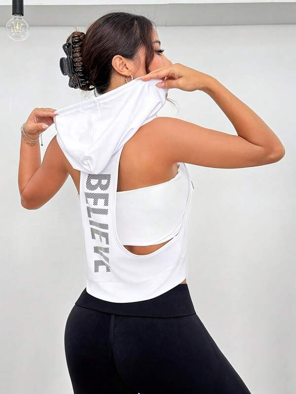 Women's New Fashion Sleeveless Sports T-Shirt, Hooded With Prints, Suitable For Fitness, Outdoor Sports, Hiking, Shopping, Daily Wear, Skin-Friendly