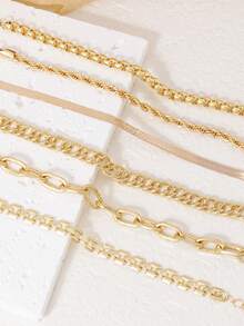 6Pcs Simple Punk Chunky Chain Bracelet Set Metal Link Chain Combo, Ensemble With Rope, Snake, And Twisted Designs Multi Layered Bracelet Women's Holiday Dating Gift Daily Matching - Yellow Gold - View 4