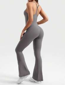 VOYJOY One Piece Jumpsuit For Women 31\" Inseam Vais Sleeveless Sexy Y Back Bodycon Flare Leg Full Length Romper Playsuits - 灰 - 查看 2