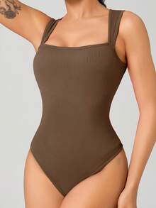 1pc Women's Soft Rib-Knit Skinny Spaghetti Strap Jumpsuit Shape-Wear - Brown - View 2