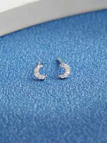 925 Sterling Silver Exquisite Cubic Zirconia Moon Stud Earring For Women Exquisite Tiny Mini Crescent Geometry Earrings Fine Jewelry For Daily Party Gift