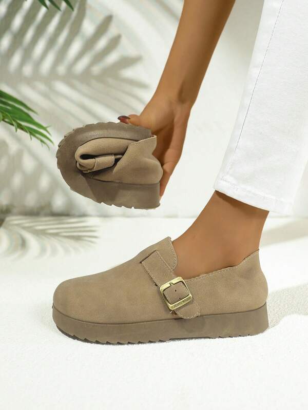 Women's Solid Color Flat Shoes, Fashionable Versatile Loafers, Casual With Buckle, Lightweight & Comfortable, Suitable For All Seasons