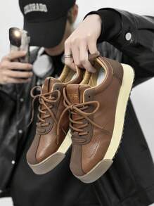 Men's Casual Gum Sole Lace-Up Round Toe Running Shoes, Thick Sole Non-Slip Student Party Outdoor Shoes Spring/Summer