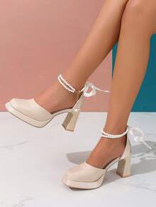 （建议选购大一码）女士仿珍珠装饰绑带粗跟方头蝴蝶结套脚鞋，适合搭配裙装