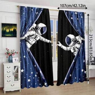 2 piezas de paneles de cortina semi-transparentes con diseño moderno de exploración espacial y astronauta, de tela de poliéster con bolsillo para barra, lavable a máquina, diseño decorativo de punto para dormitorio y sala de estar