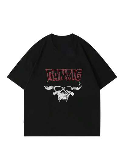 Camiseta de hombre con estampado de moto negra, cuello redondo, tejido grueso.