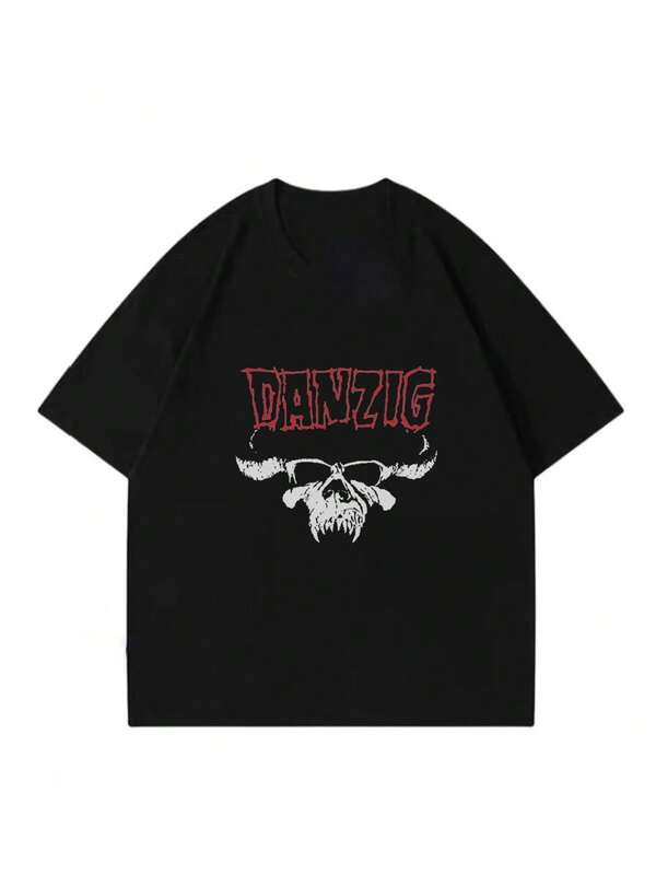 Camiseta de hombre con estampado de moto negra, cuello redondo, tejido grueso.