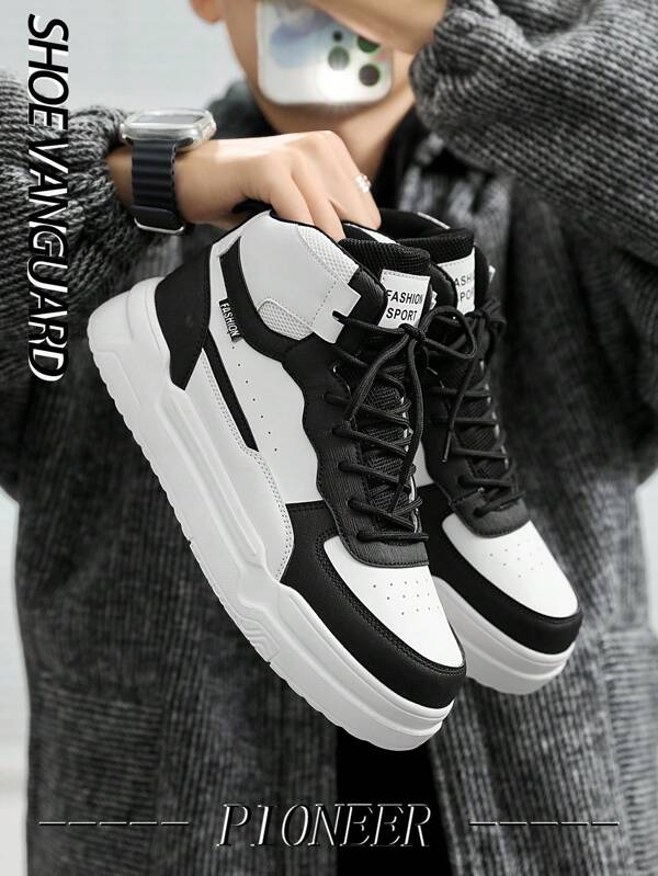 Men's Fashion Popular Leather & Mesh Patchwork Casual Sneakers, Comfortable High-Top Canvas Shoes Unisex Outdoor Sports Shoes
