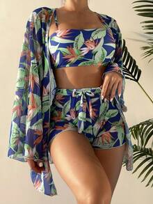 Conjunto de bikini con estampado tropical, trajes de baño para mujer en verano de playa de verano