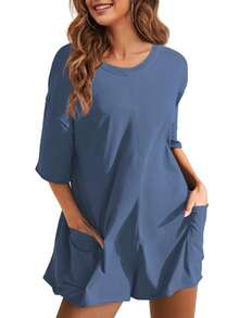 Mono de mujer casual de color sólido, estilo suelto minimalista, cuello redondo, top de manga corta, diseño transpirable sin espalda, cómodo top de mujer de bolsillos grandes, adecuado para la calle y el uso diario. - Azul - Ver 4