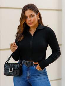 Knitted Cropped Cardigan Jacket With Ribbed Fashion Zipper - Black - View 2