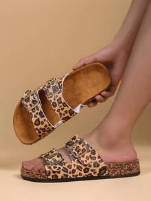 Ladies' Cork Insole Sandals - Comfortable Double Buckle Elastic Band Sandals, With Real Leather Insole, Suitable For Women - Brown - View 2