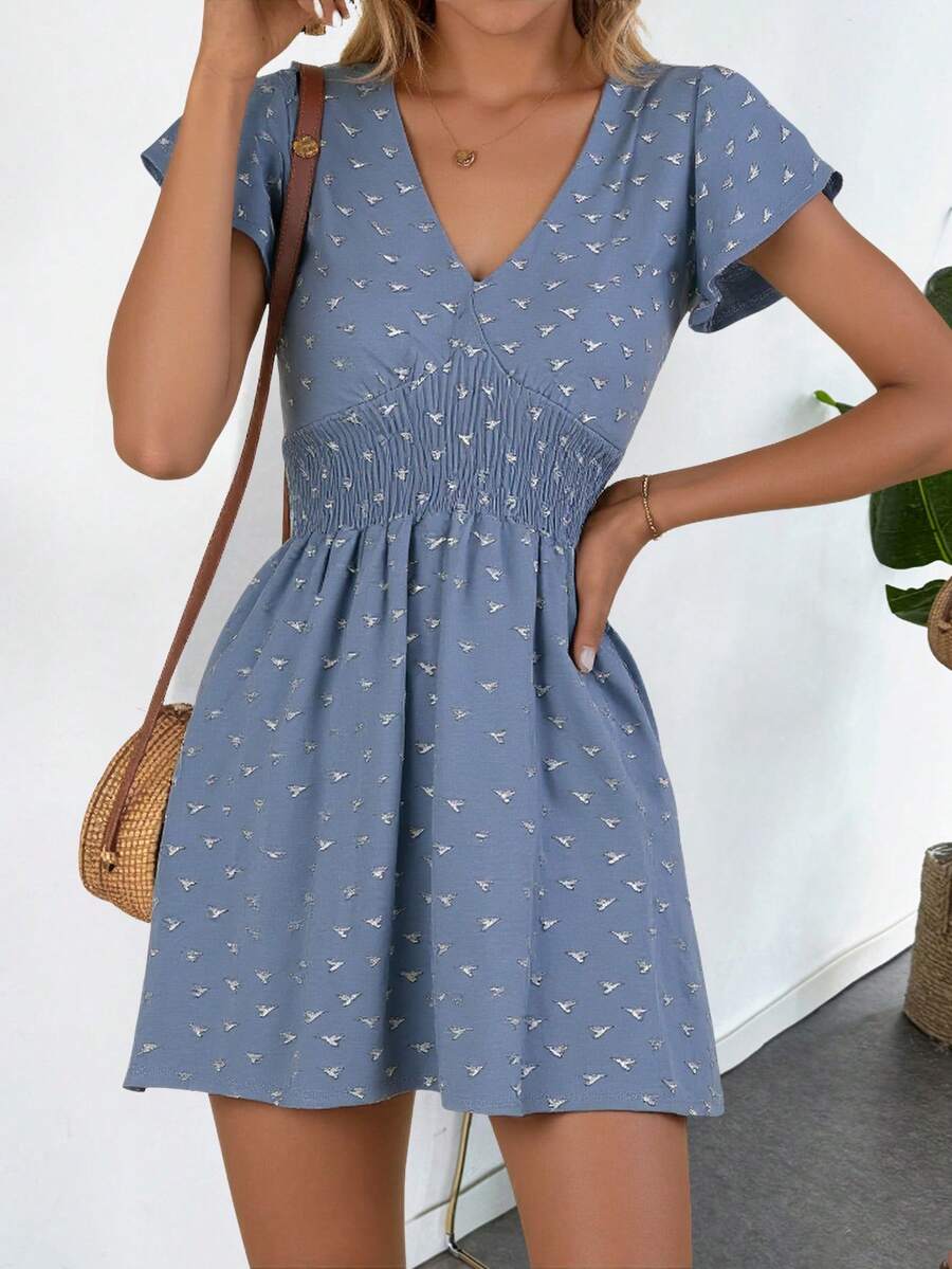 Vestido corto de mujer color azul con estampado de aves - Azul - Ver 1