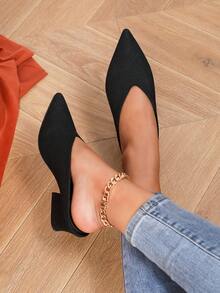 时尚尖头粗跟穆勒凉鞋，优雅舒适，适合办公室、通勤、工作、派对、宴会，纯色 PU 皮革中跟一脚蹬高跟鞋 - 黑色 - 查看 3