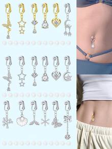 带硅胶垫的假肚脐穿孔夹肚脐穿孔假肚脐穿孔环蝴蝶，心形吊坠，非穿孔首饰，3 件装 - 多色-2 - 查看 5