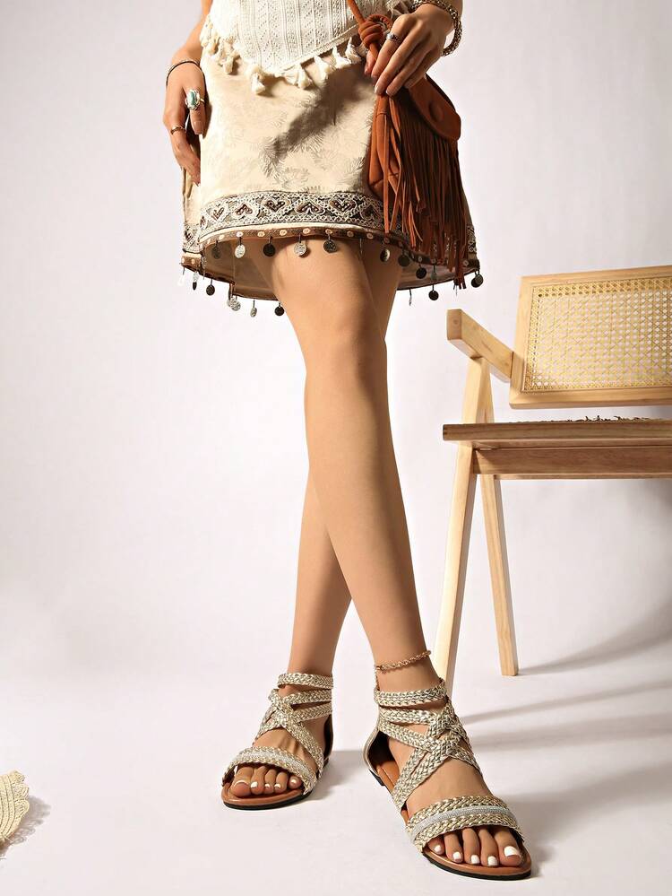 Women's Roman Style Flat Sandals, Comfortable Casual Beach/Commuting Sandals With Back Zipper, Fashion Soft Bottom Roman Sandals - Gold - View 5