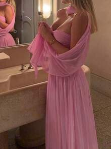 Váy lưới xoắn phía trước gợi cảm màu trơn thanh lịch dành cho nữ, thích hợp cho tiệc tùng, đám cưới, sinh nhật, vũ hội, tốt nghiệp, ngày lễ, khách, cocktail, mùa hè - Hồng - Xem 6