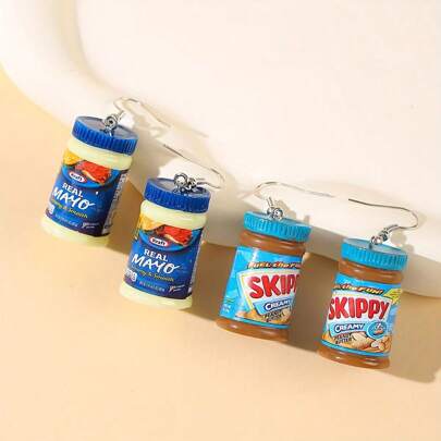 1/2/3 pary uroczych kolczyków z żywicy z motywem jedzenia, wisiorki, oryginalny majonez i słoik z masłem orzechowym, nieplaterowane, ciekawe akcesoria do codziennego noszenia, mieszane przez cały sezon