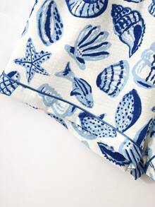2pcs/Set Women's Blue Shell Print Summer Pajamas, Short Sleeve Button-Up Collared Shirt And Bowknot Shorts, Casual Loungewear For Spring & Summer - Blue - View 10