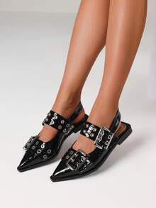 Women's Wide Buckle Ballet Flat Pumps Punk Fashion Metal Pointed Toe Chunky Heel Casual Comfy Party Street Slingback Ballerina Shoes - Black Stone Veins - 查看 1
