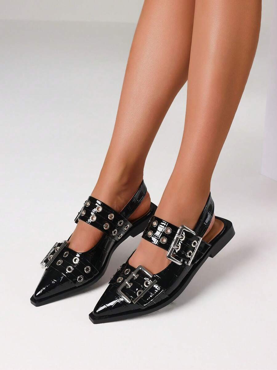 Women's Wide Buckle Ballet Flat Pumps Punk Fashion Metal Pointed Toe Chunky Heel Casual Comfy Party Street Slingback Ballerina Shoes - Black Stone Veins - 查看 1