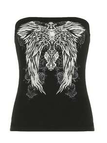 Women's Strapless Tops Vintage Wing Print Slim Fit Crop Tube T-Shirt - Black - View 5